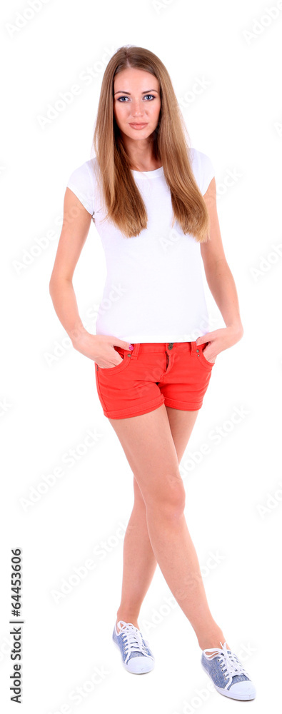 Beautiful young girl in shorts and t-shirt isolated on white Beautiful young girl in shorts and t-shirt isolated on white