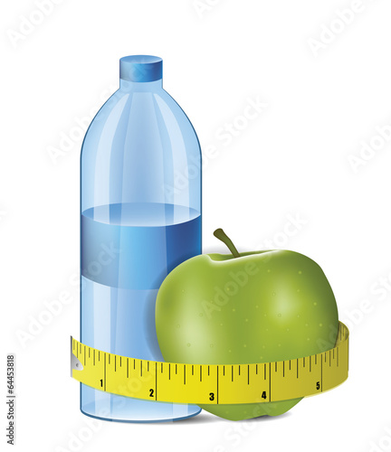 Illustration of Apple With Measuring Tape and Fresh Bottle of Wa