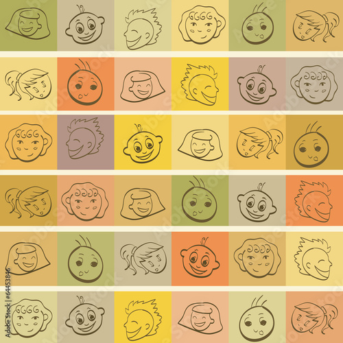 Funny kids faces on colorful vintage background