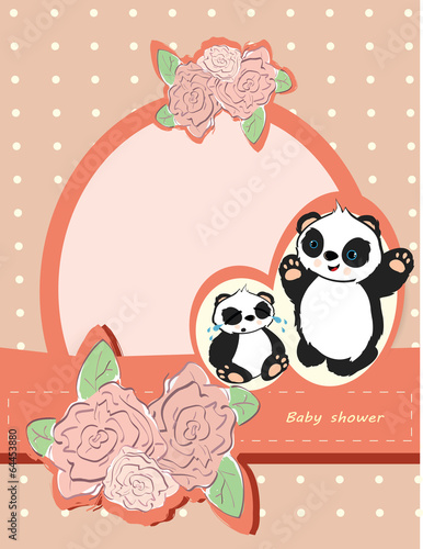 Fototapeta Naklejka Na Ścianę i Meble -  Girl baby shower card with cute panda bears and roses