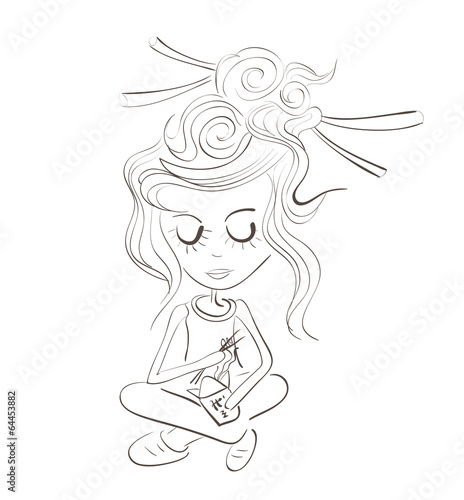 Illustration of cartoon girl eating chinese food