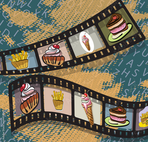Illustration of film strips with photos of food on blue backgrou