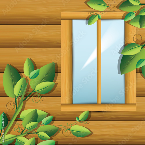 Illustration of wooden window cabin with green plants