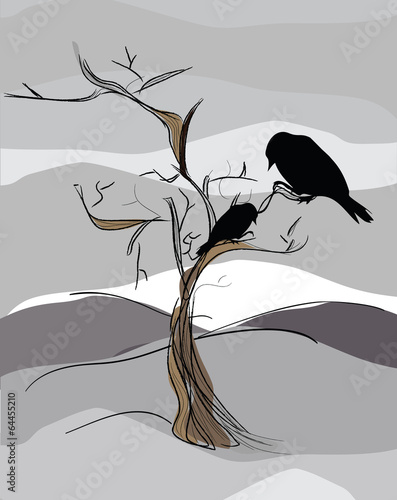 illustration of two ravens sitting on tree with winter landscape