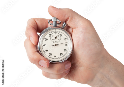 Close up of hand holding stopwatch, isolated on white background