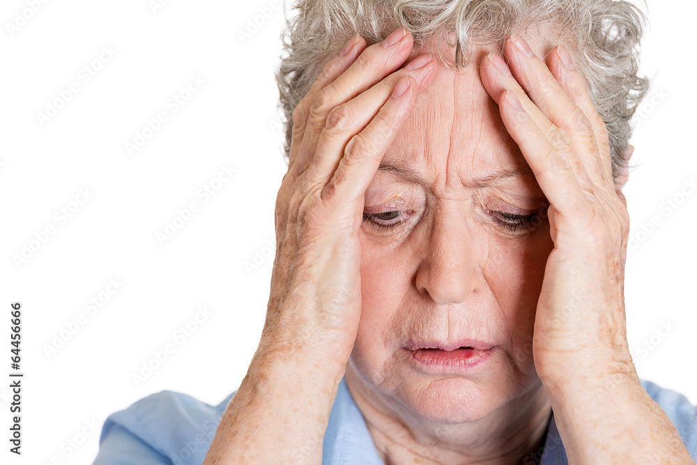Portrait, headshot elderly woman having headache, stress Portrait, headshot elderly woman having headache, stress