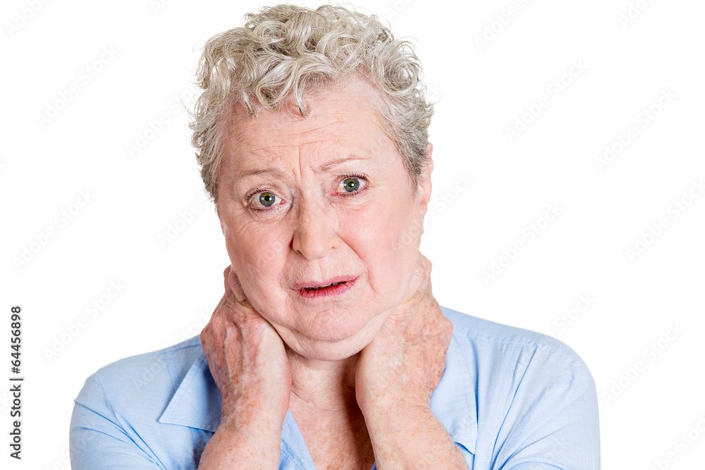 Headshot senior elderly woman with neck pain on white background Headshot senior elderly woman with neck pain on white background