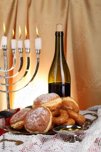 Festive composition for Hanukkah on cloth close-up