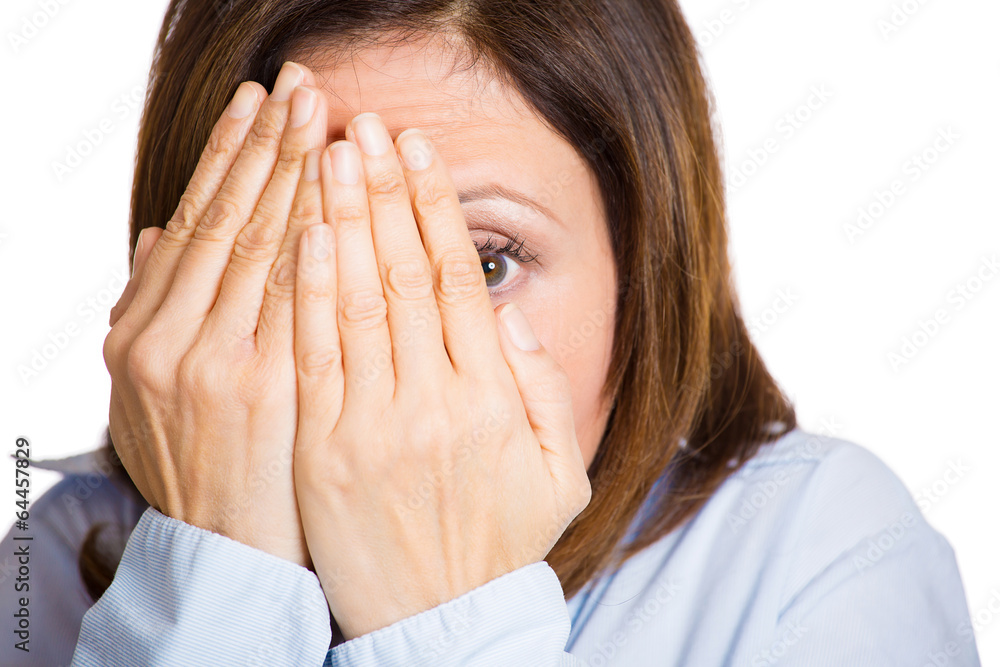 Portrait , headshot Scared, afraid woman on white background Portrait , headshot Scared, afraid woman on white background
