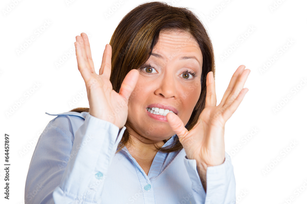 Portrait , headshot Scared, afraid woman on white background Portrait , headshot Scared, afraid woman on white background