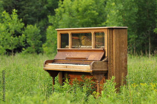 Old Upright Piano Abandoned in a Green Field