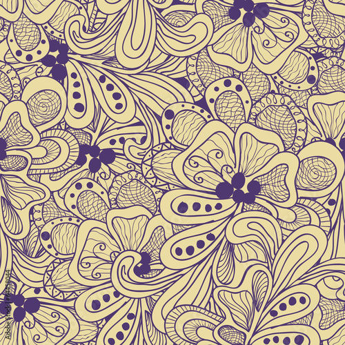 Abstract vector seamless pattern with yellow and purple flowers