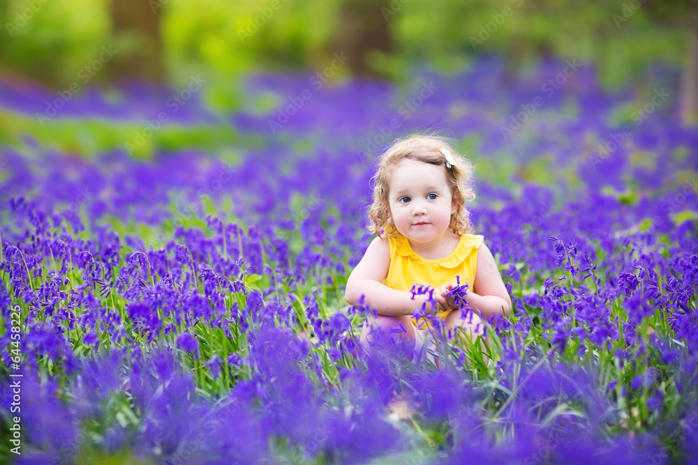 Cute funny toddler girl in bluebell flowers in spring Cute funny toddler girl in bluebell flowers in spring