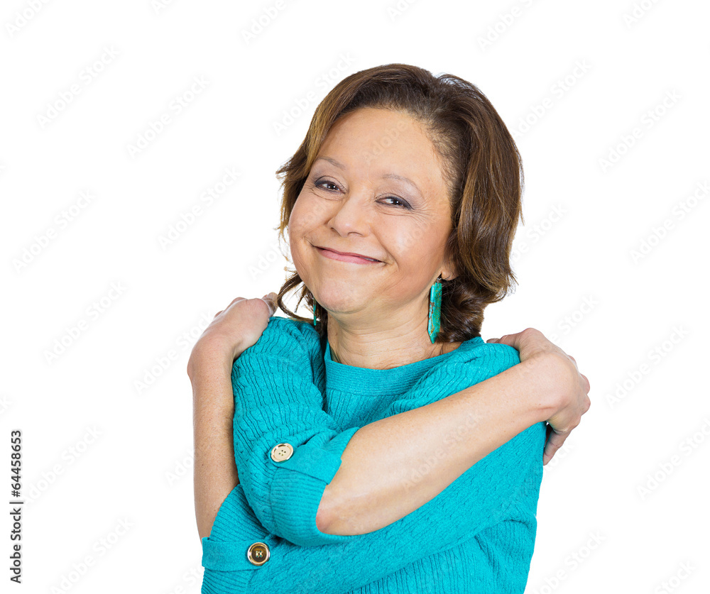 Hug, love yourself concept. Positive emotions, feelings Hug, love yourself concept. Positive emotions, feelings