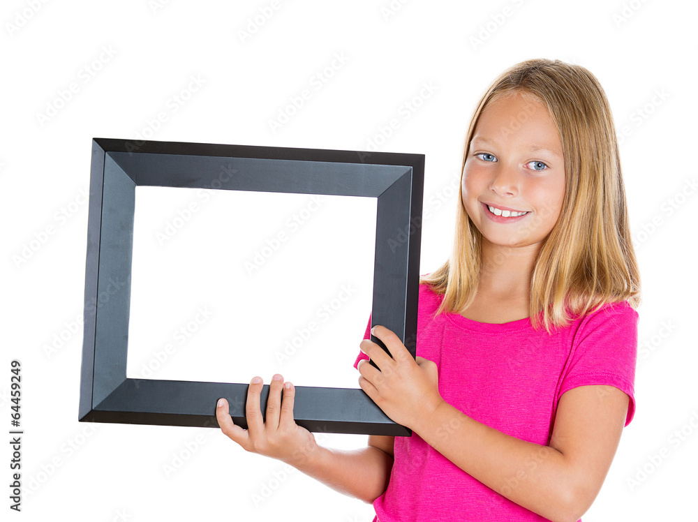 Happy girl displaying frame isolated on white background Happy girl displaying frame isolated on white background