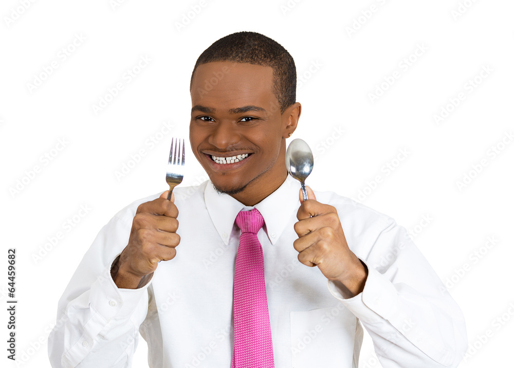 Hungry man holding fork and spoon isolated on white background Stock Photo  | Adobe Stock