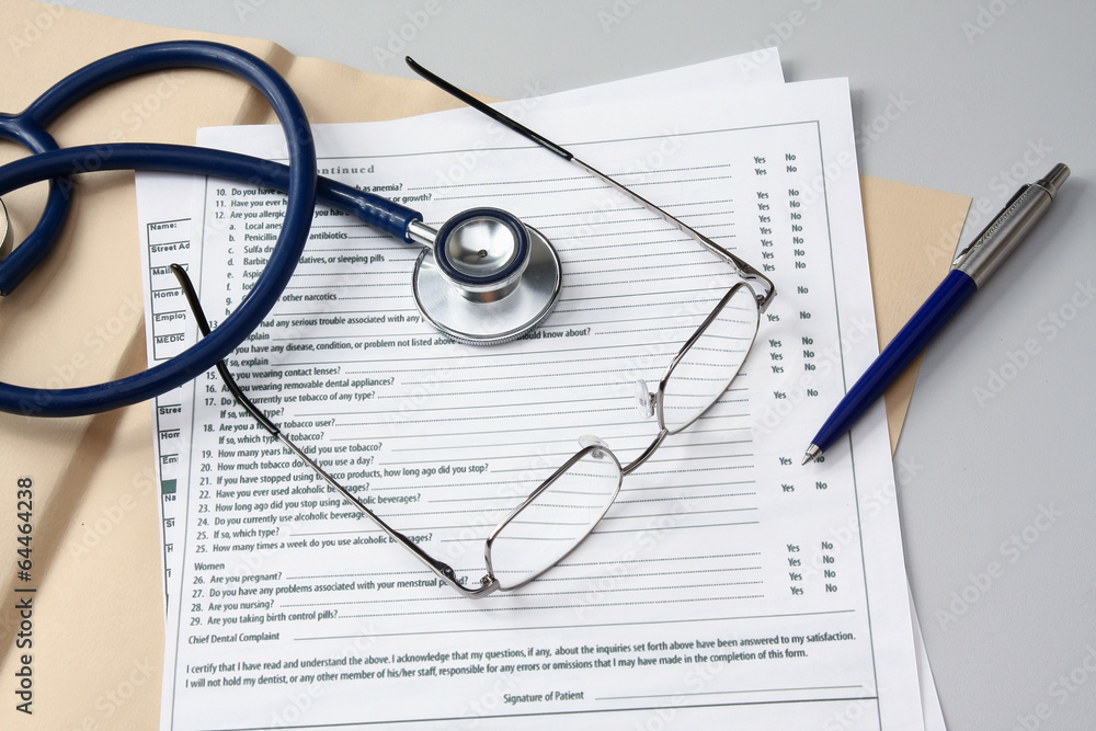 Pen ,stethoscope , folder with papers and glasses. Pen ,stethoscope , folder with papers and glasses.