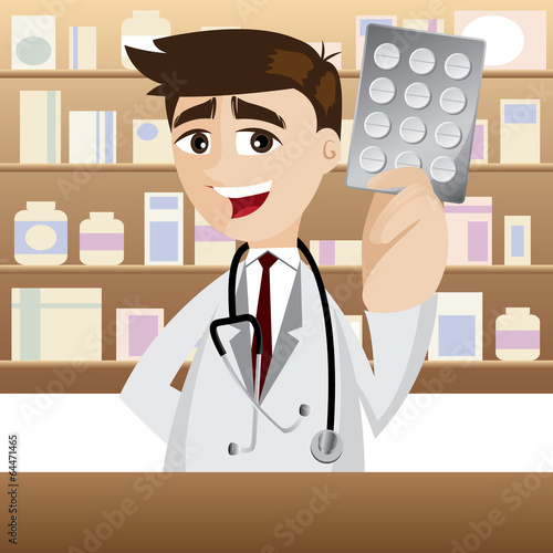 cartoon pharmacist with pack of medicine