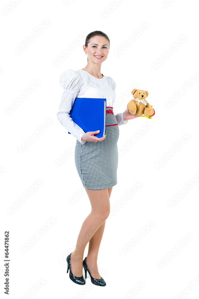 Pregnant businesswoman with document case and bear toy Pregnant businesswoman with document case and bear toy