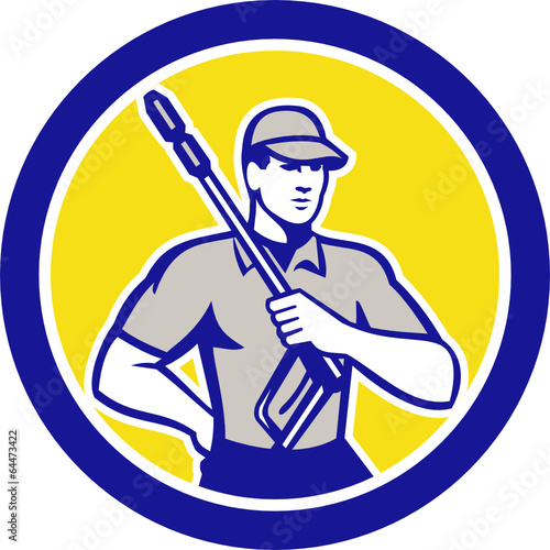 Pressure Washer Clleaner Worker Retro Circle