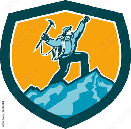 Mountain Climber Reaching Summit Retro Shield