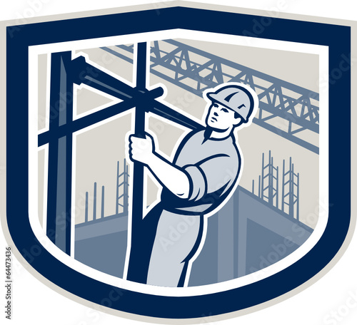 Construction Worker Climbing Scaffolding Shield Retro