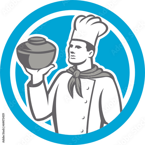 Chef Cook Holding Up Pot Retro