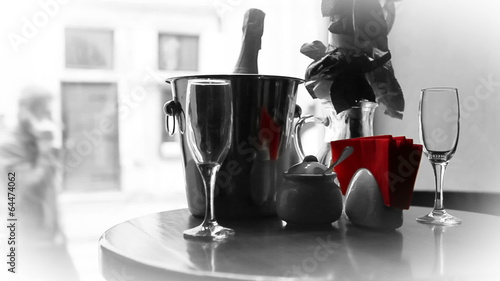 Shining glasses and Champagne in bucket waiting for love Couple photo