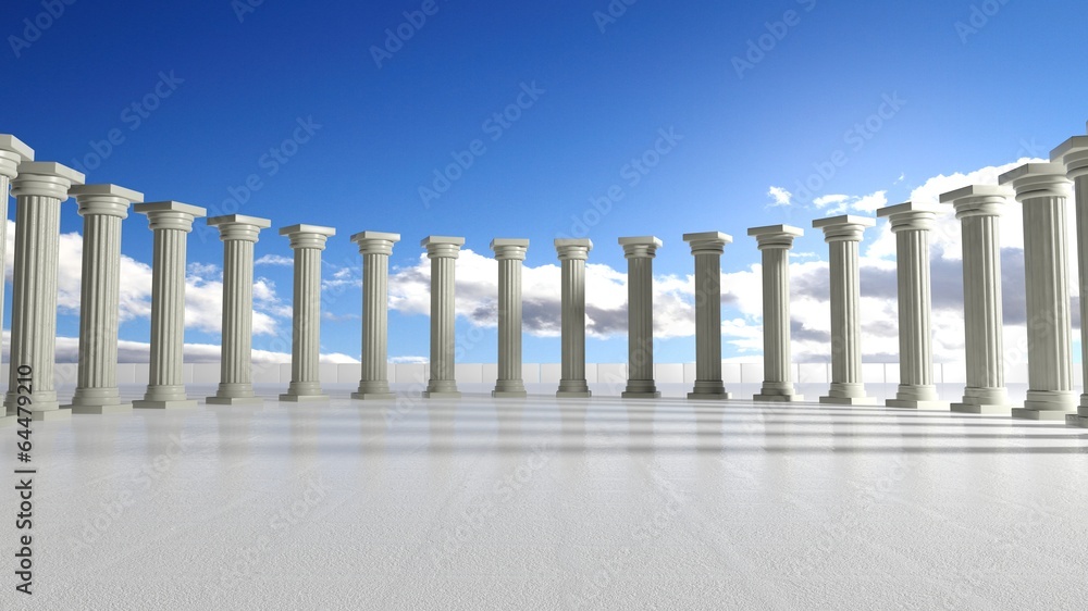 Ancient marble pillars in elliptical arrangement with blue sky - obrazy, fototapety, plakaty 
