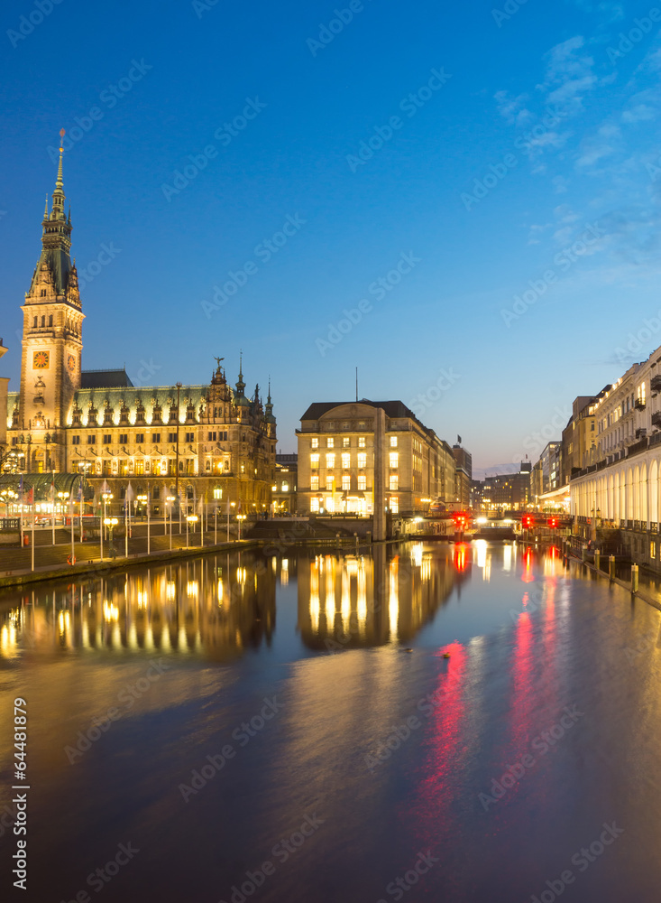 The townhall and the Alsterfleet in Hamburg at night