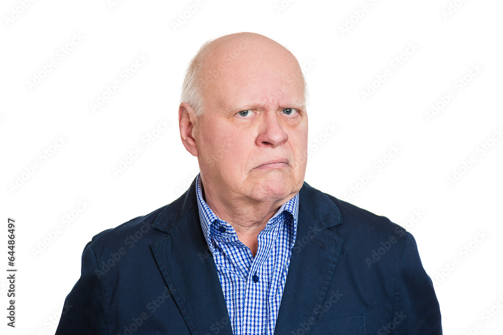 Headshot unhappy sad grumpy old man on white background Headshot unhappy sad grumpy old man on white background