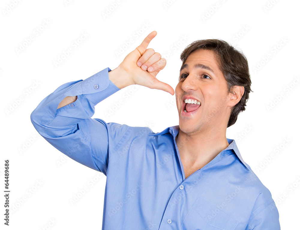 young funny guy showing lets drink hand gesture on white Stock