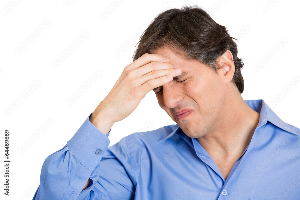 headshot man with head ache stress in life on white background headshot man with head ache stress in life on white background