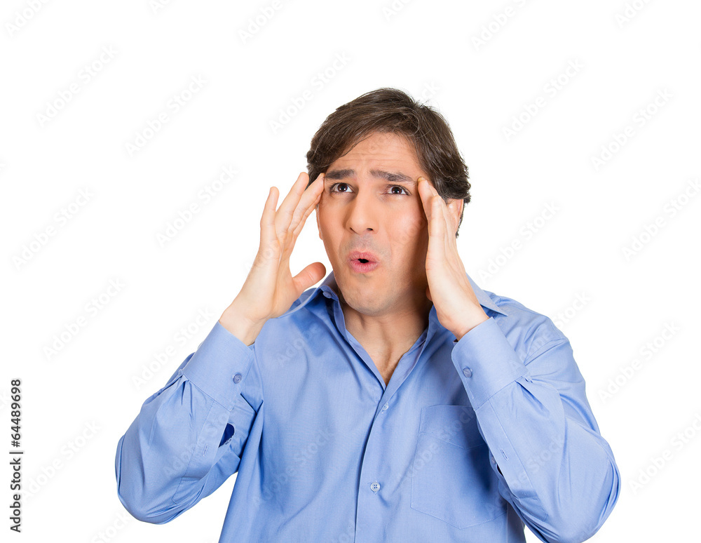 portrait young man having head ache isolated on white background portrait young man having head ache isolated on white background