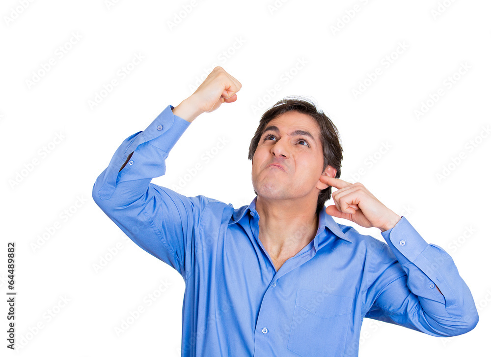 Upset stressed business man asking, gesturing stop that noise! Upset stressed business man asking, gesturing stop that noise!