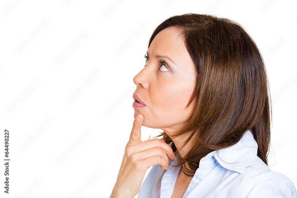 Woman recollecting, sad thinking, life memories white background Woman recollecting, sad thinking, life memories white background