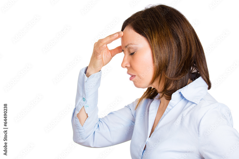 Side view headshot stressed woman isolated white background Side view headshot stressed woman isolated white background