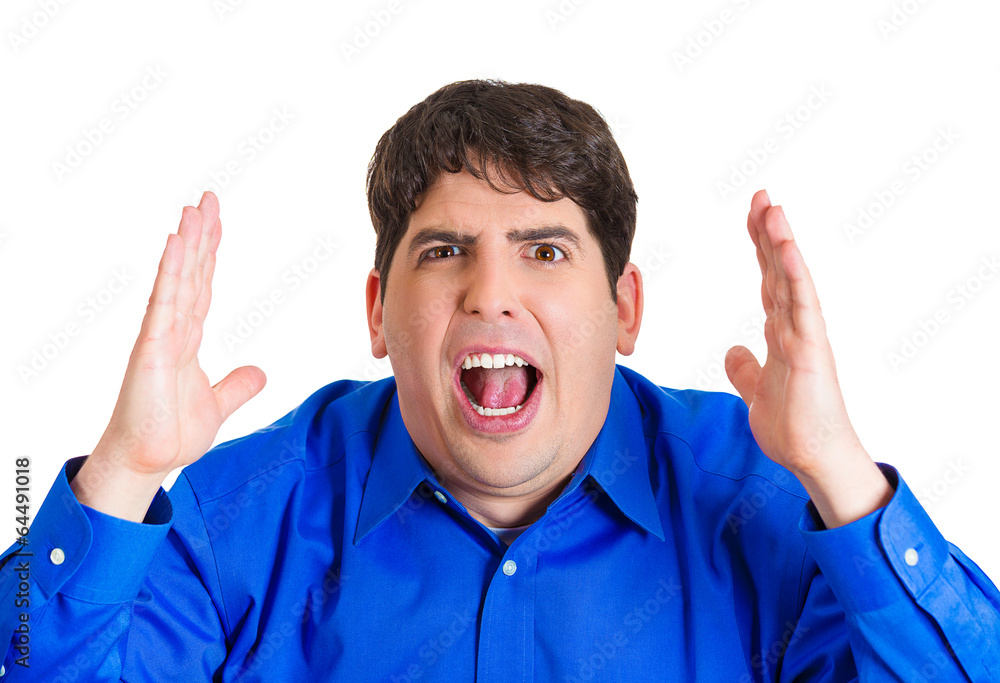 Angry man yelling, arms, fists in air Angry man yelling, arms, fists in air
