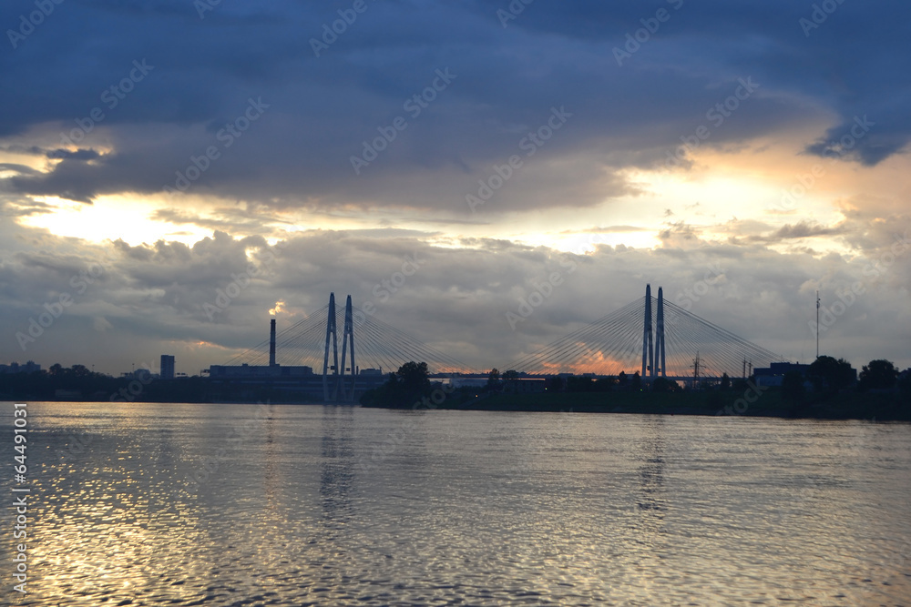 Neva River and Cable-Stayed Bridge at sunset