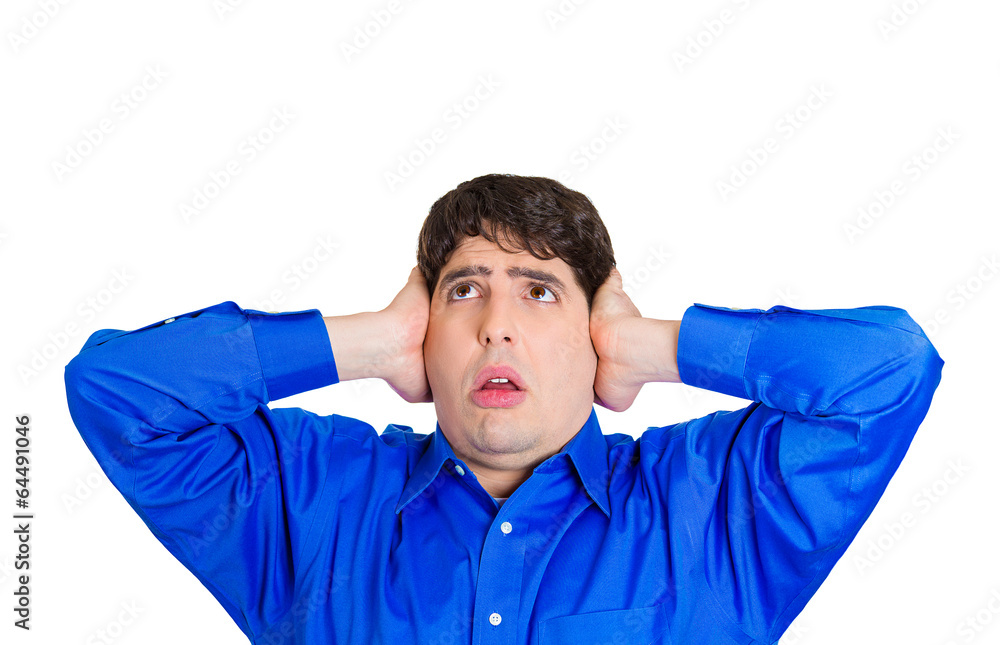 Loud noise, man covering ears, can't tolerate neighbors upstairs Loud noise, man covering ears, can't tolerate neighbors upstairs