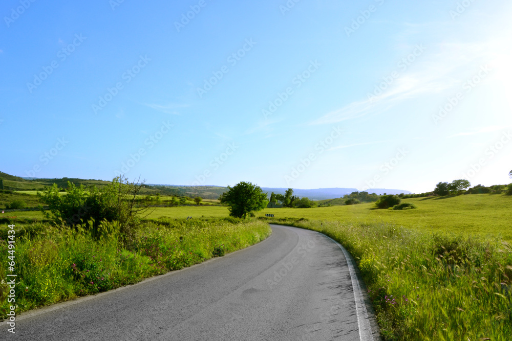 Panorama con strada e prati