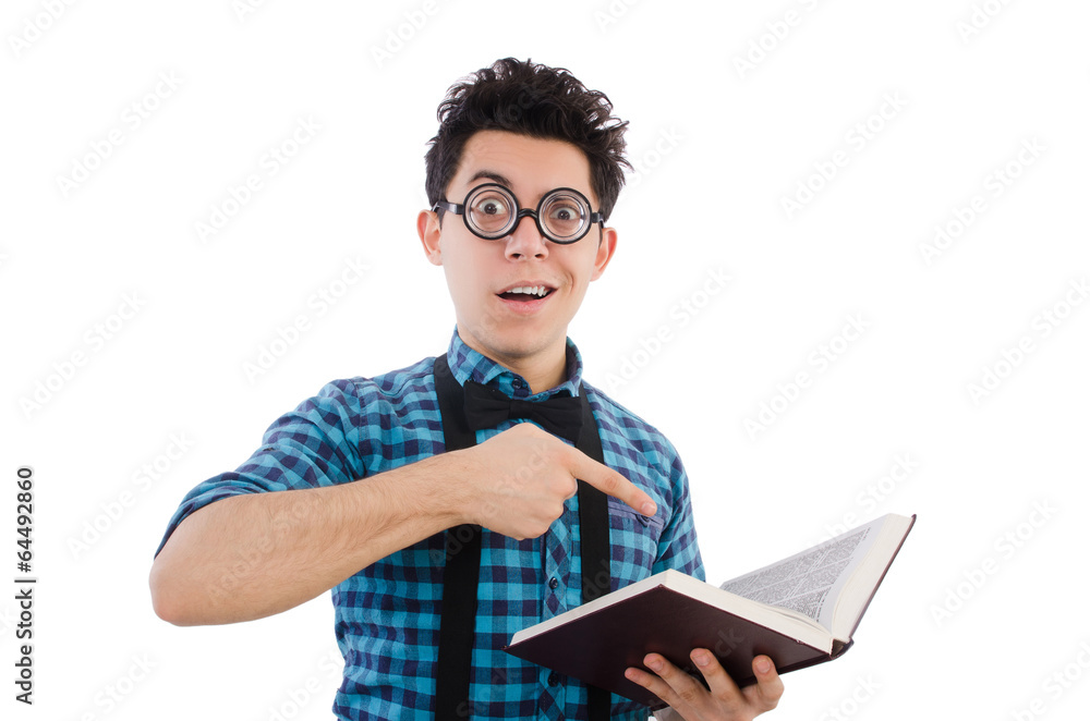 Funny student with books on white Funny student with books on white