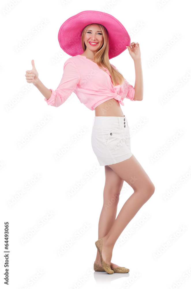 Young model in panama hat thumbing up isolated on white Young model in panama hat thumbing up isolated on white