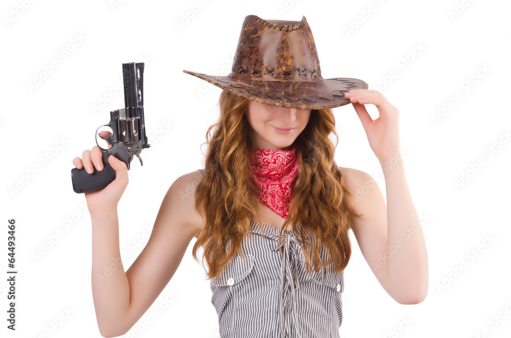 Woman gangster with gun isolated on white Woman gangster with gun isolated on white