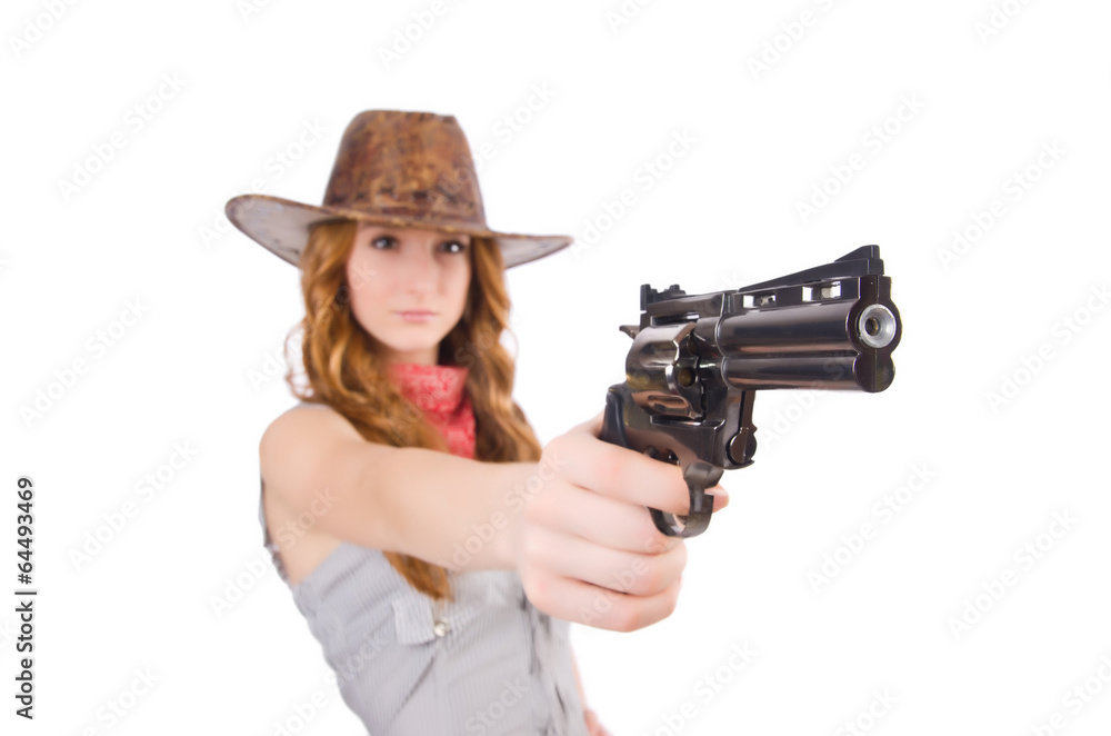 Woman gangster with gun isolated on white Woman gangster with gun isolated on white