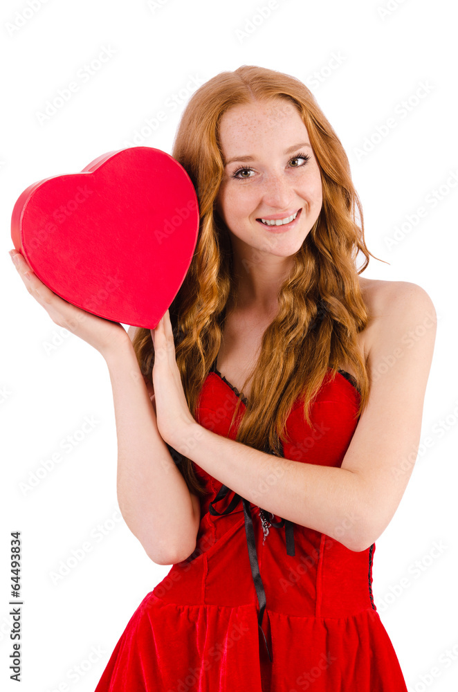 Young girl in red dress with heart casket isolated on white Young girl in red dress with heart casket isolated on white