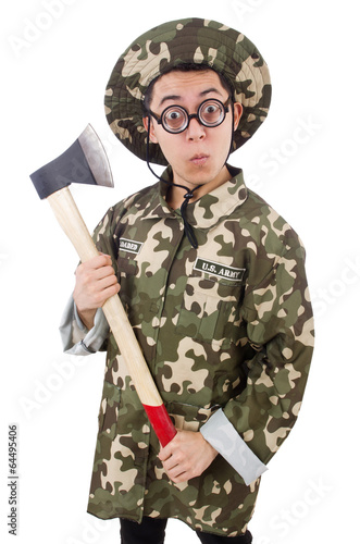 Funny soldier with the axe isolated on white