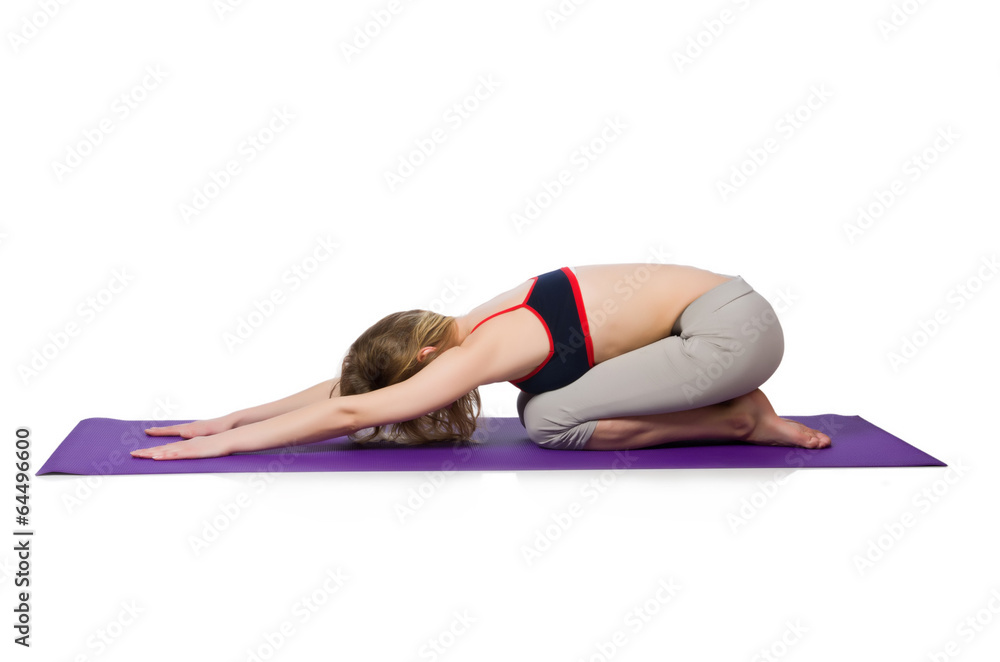 Young female doing exercises on white Young female doing exercises on white