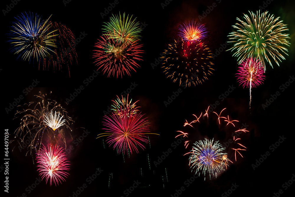 Colorful fireworks seclection in black background
