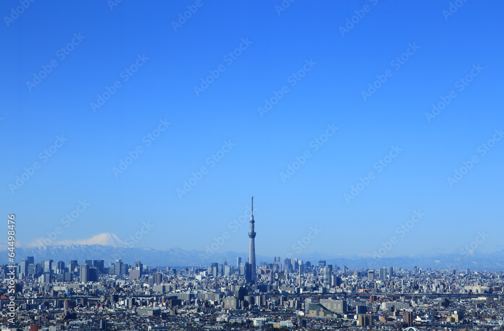 Naklejka premium 東京都心の風景 富士山とスカイツリーと青空